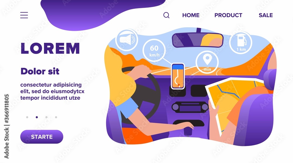 Poster driver and passenger navigating on road within map and mobile app. back view of people inside car in