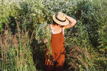 Middle aged mature red haired woman picking wild daisy flowers in field. Elderly female in a meadow...