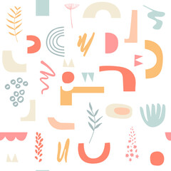 Vector abstract seamless pattern with hand drawn cut out colorful shapes and objects. Modern trendy illustration . Geometric background in pastel colors with simple abstractions.