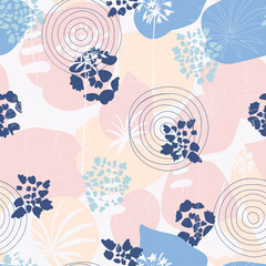 Vector organic seamless abstract background, botanical motif with stylized leaves, flowers and simple geometric shapes. Freehand doodles pattern.