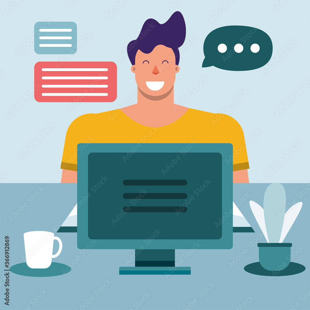 Poster young man using desktop connecting technology character