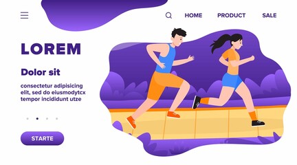 Two happy people jogging in park. Couple of athletes running for marathon together. Flat vector illustration for runners, fitness, sport, healthy lifestyle concepts