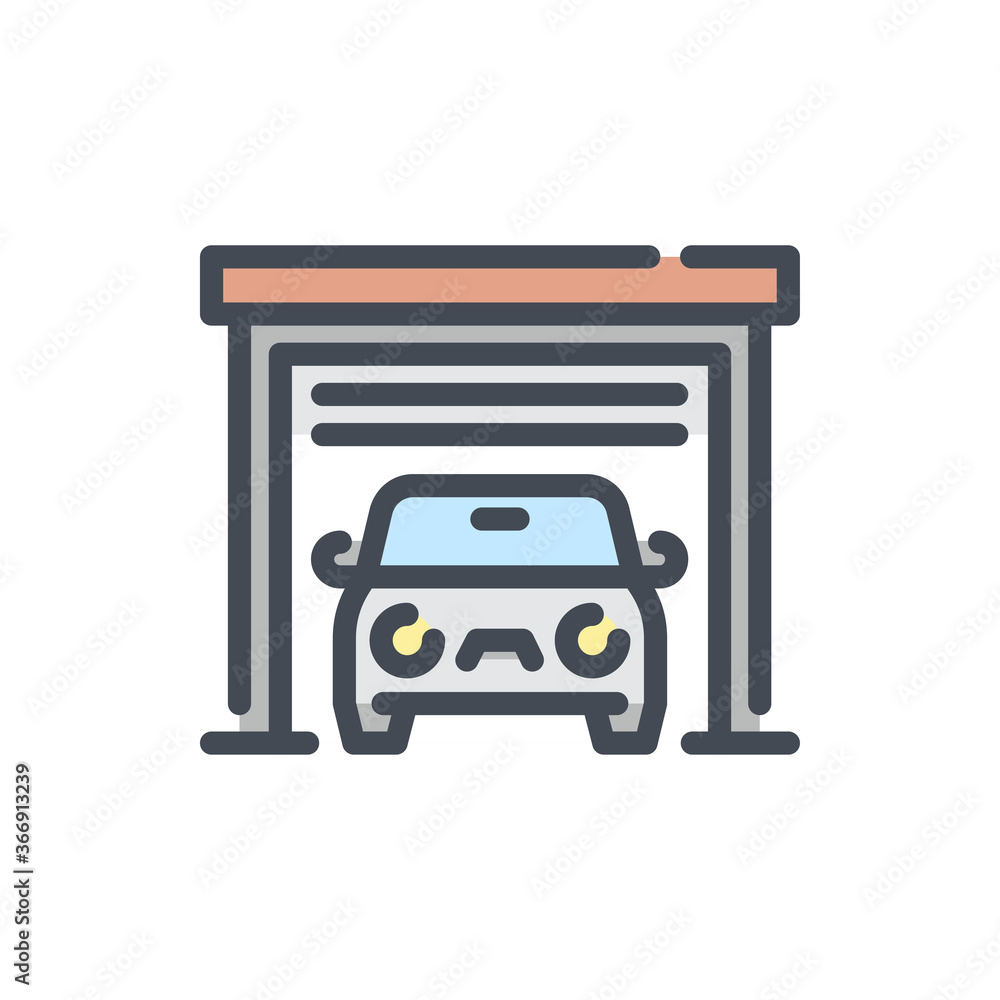 Poster car garage color line icon. garage building with open door and vehicle vector outline colorful sign.