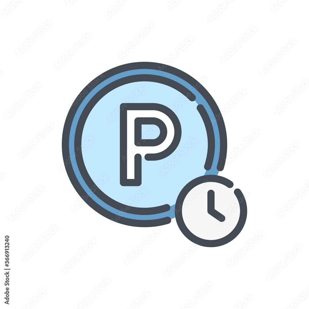 Poster parking time color line icon. parking sign with p and clock vector outline colorful sign.