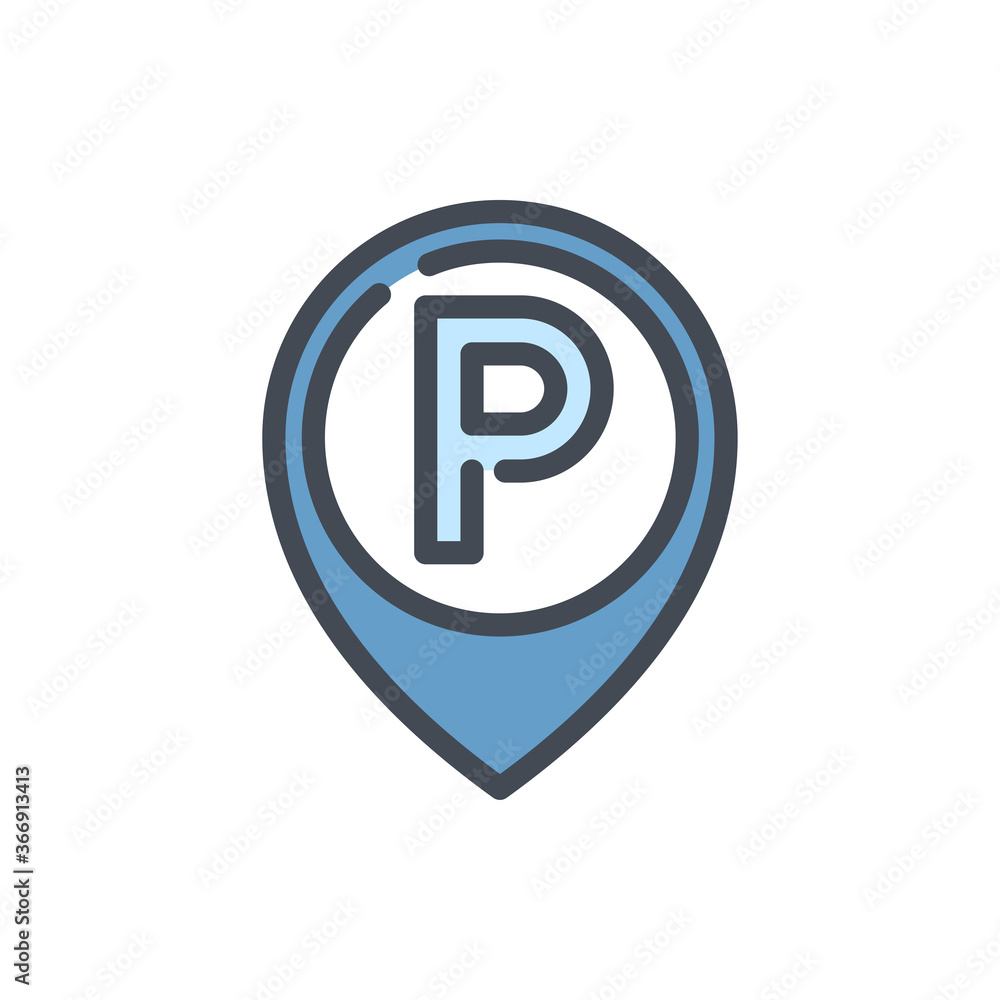 Poster parking location pointer color line icon. parking place marker vector outline colorful sign.