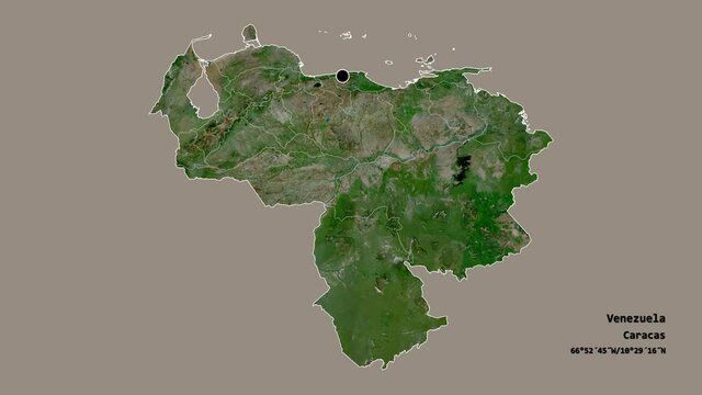 Bol&iacute;var, state of Venezuela, with its capital, localized, outlined and zoomed with informative overlays on a satellite map in the Stereographic projection. Animation 3D