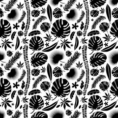 Pattern from tropical plants and leaves. Seamless black and white illustration