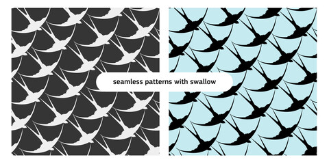 Seamless natural pattern. Many swallows fly in the sky, graphic drawing, wallpaper