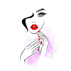 Red lips, hand with red manicure nails. Beauty Logo, nails art, eyelash extension. Vector illustration, diadem flowers, floral motive, abstract flowers, spa salon, sign, symbol, nails studio.