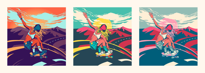 Sports girl on a longboard in the summer rides on the road. Extreme sports, vivid illustration, sunset sky and beautiful landscape. Poster for a sports store.
