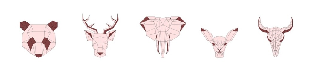 Vector linear animal logos on a gentle background. Set of geometric illustrations in origami style. The image consists of triangles and rhombuses. Panda, deer, elephant, roe deer, skull with horns © Анастасия Усатова