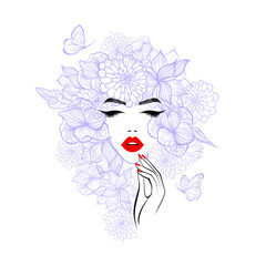Beautiful woman face with diadem flowers around, red lips, red manicure nails. Beauty Logo. Vector illustration, butterflies, floral motive, abstract flowers, spa salon, nails studio. Spa salon logo.