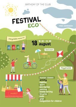 Summer holiday, birthday. A festive poster for a festival in nature. Environmental theme, waste sorting, games, entertainment, food court, lots of cheerful young people.