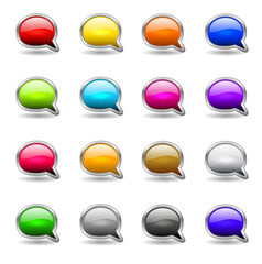 Vector set of colored glossy buttons with metal frame in shape of speech bubble