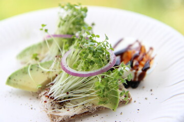 Fototapeta premium Brokkolisprossen Brokkoli Keime Züchten ziehen Keimlinge Brokkolikeime mit Knäckebrot Avocado und Ei
