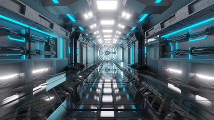 3D Futuristic Architecture Sci-Fi Corridor Interior Black White Blue Neon Background perspective