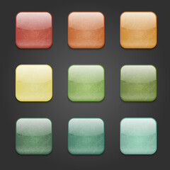 Vector set of web square glossy buttons with damaged surface, grunge texture