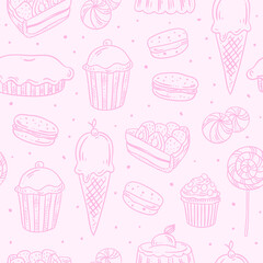Sweet food vector pattern. Seamless background with ice cream, cakes and cupcakes. Pink color cute seamless pattern with hand drawn desserts