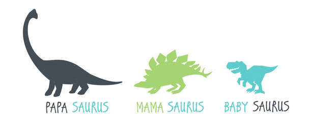 Cute dinosaurs family: papa saurus, mama saurus, baby dinosaurus. Doodle b-day party t-shirt design. Funny dino anniversary. Textile design for baby boy on white background. Vector illustration