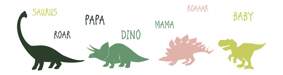 Cute dinosaurs family: papa saurus, mama saurus, baby dinosaurus. Doodle b-day party t-shirt design. Funny dino anniversary. Textile design for baby boy on white background. Vector illustration
