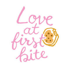 Love at first bite word hand drawn lettering cut out sign vector graphic illustration