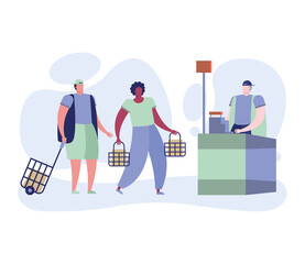 young interracial couple with shopping carts in sale point