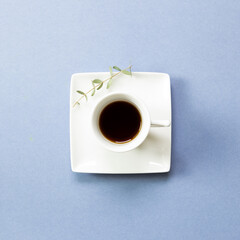 Cup of coffee with eucalyptus leaf on blue background. top view, copy space