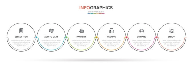 Naklejka premium Concept of shopping process with 6 successive steps. Six colorful graphic elements. Timeline design for brochure, presentation, web site. Infographic design layout.