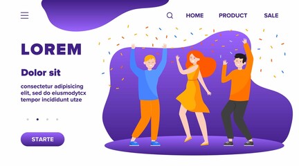 Happy people dancing at party together flat vector illustration. Cartoon excited friends or coworkers celebrating with confetti. Achievement and celebration concept