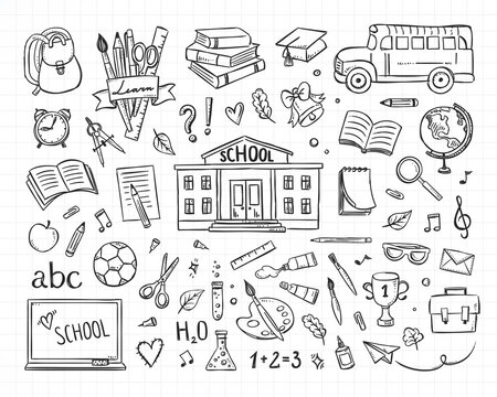 School vector set. Hand drawn studying collection. Doodle back to school sketch illustrations