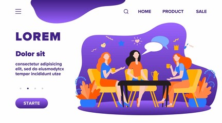 Female friends hanging out in cafe. Women sitting at table, drinking tea or coffee, talking with speech bubble. Vector illustration for chatting, communication, lunch, friendship concept