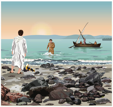 Jesus Stands On The Edge Of the Sea of Galilee, Cooking Breakfast On A Fire; Simon Peter Wades to Meet Him, while Other Disciples Come In Fishing Boat