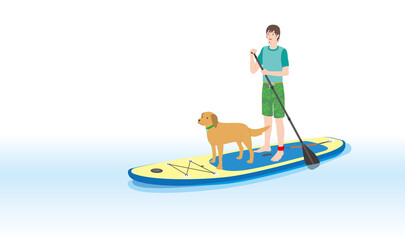 スタンドアップパドルボードを漕ぐ男性とペットの犬