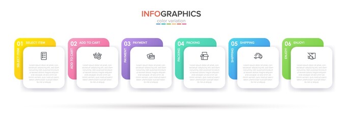 Concept of shopping process with 6 successive steps. Six colorful graphic elements. Timeline design for brochure, presentation, web site. Infographic design layout.