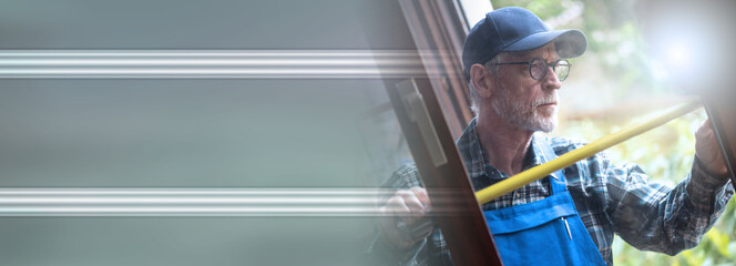 Repairman taking measures with tape measure; panoramic banner