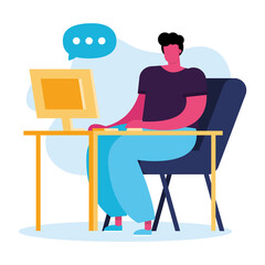 young man using desktop social media technology