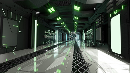 3D Futuristic Architecture Sci-Fi Corridor Interior Black Green Neon Background Perspective