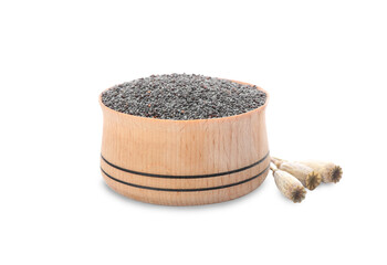 Poppy seeds in bowl and dried pods on white background