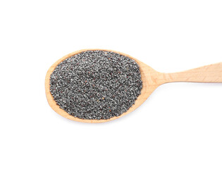 Spoon with poppy seeds isolated on white, top view