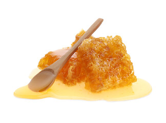 Fresh honeycombs and spoon on white background