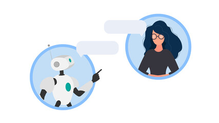 Chat icon. A robot in dialogue with a girl. Suitable for apps, sites and topics related to automatic replies and artificial intelligence. Vector.