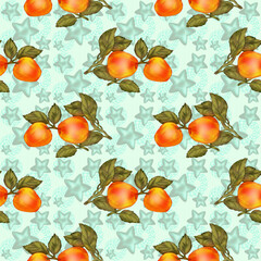 Seamless background with the image of fruit. Gifts of nature in a chaotic arrangement close-up. Theme of summer and healthy food. Illustration for printing on paper or fabric.