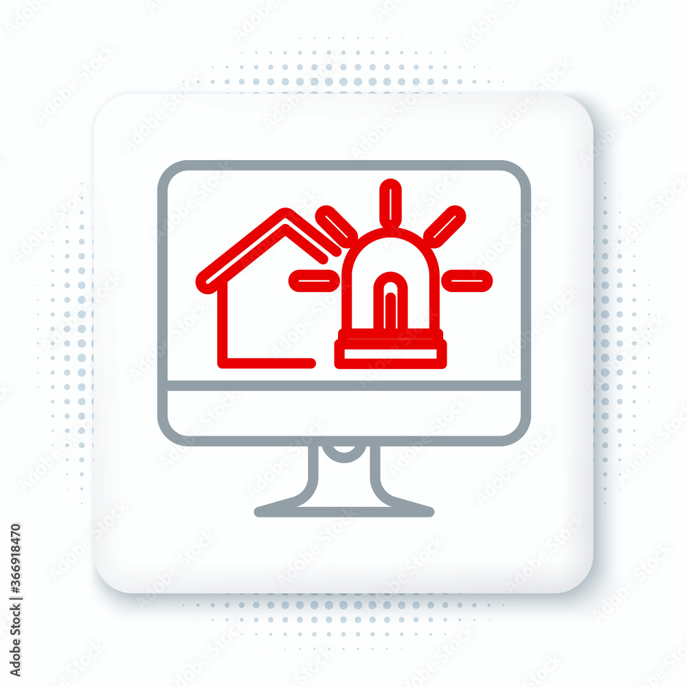 Poster line computer monitor with smart house and alarm icon isolated on white background. security system 