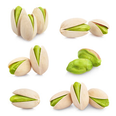 Big collection of tasty pistachios, isolated on white background
