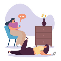 young women using laptop and smartphone working in the house