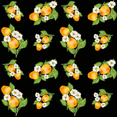 Seamless background with the image of fruit. Gifts of nature in a chaotic arrangement close-up. Theme of summer and healthy food. Illustration for printing on paper or fabric.