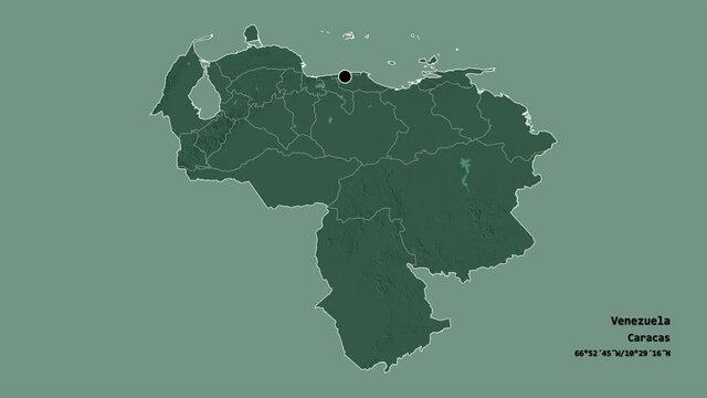 Monagas, state of Venezuela, with its capital, localized, outlined and zoomed with informative overlays on a administrative map in the Stereographic projection. Animation 3D