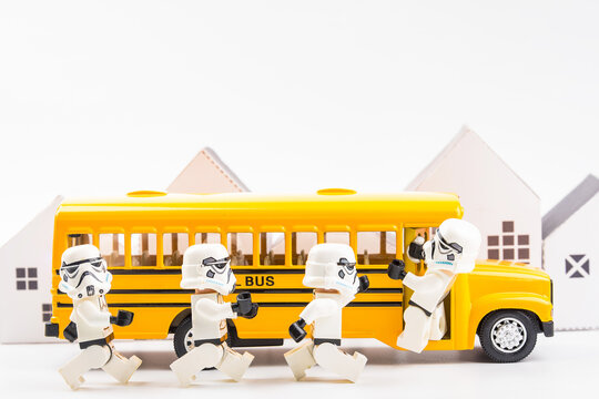 Bangkok, Thailand - February, 12, 2019 : Lego star wars stormtrooper  running along the school bus.Bangkok, Thailand Stock Photo | Adobe Stock