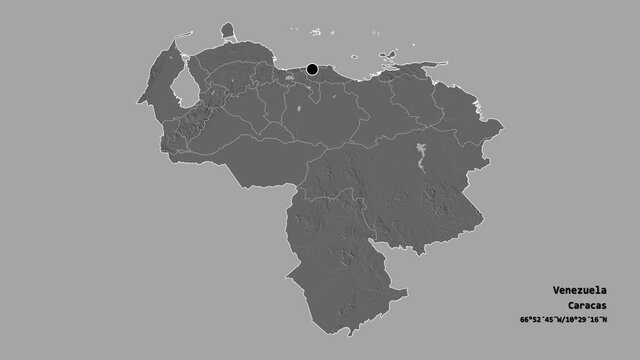 Monagas, state of Venezuela, with its capital, localized, outlined and zoomed with informative overlays on a bilevel map in the Stereographic projection. Animation 3D