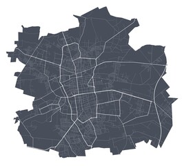Lodz map. Detailed map of Lodz city poster with streets. Dark vector. - obrazy, fototapety, plakaty